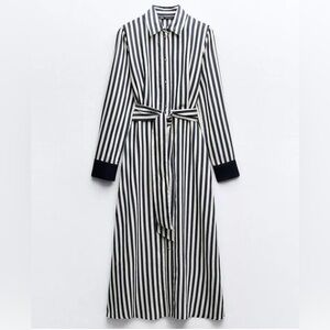 Zara Black and White Striped Long Sleeve Dress